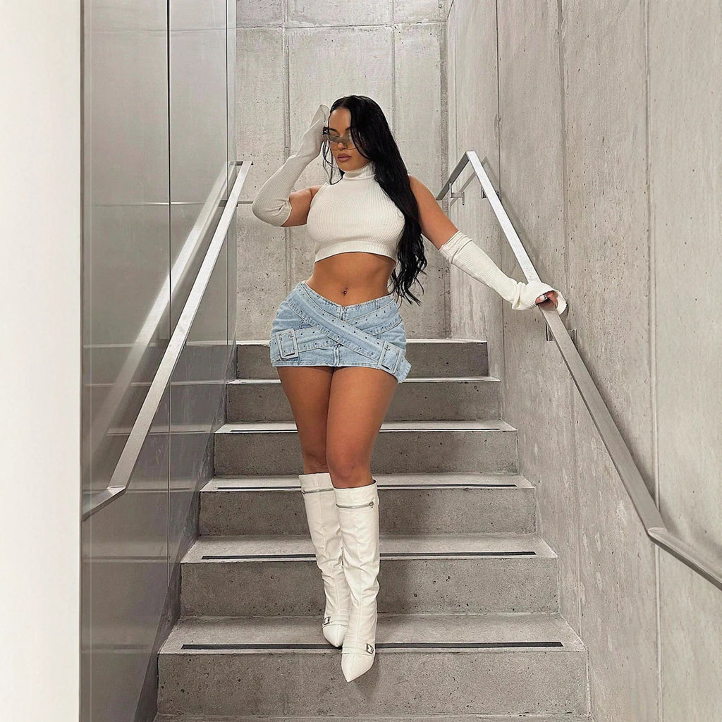 Light Blue Denim Mini Skirt with Cross-Over Buckle Design