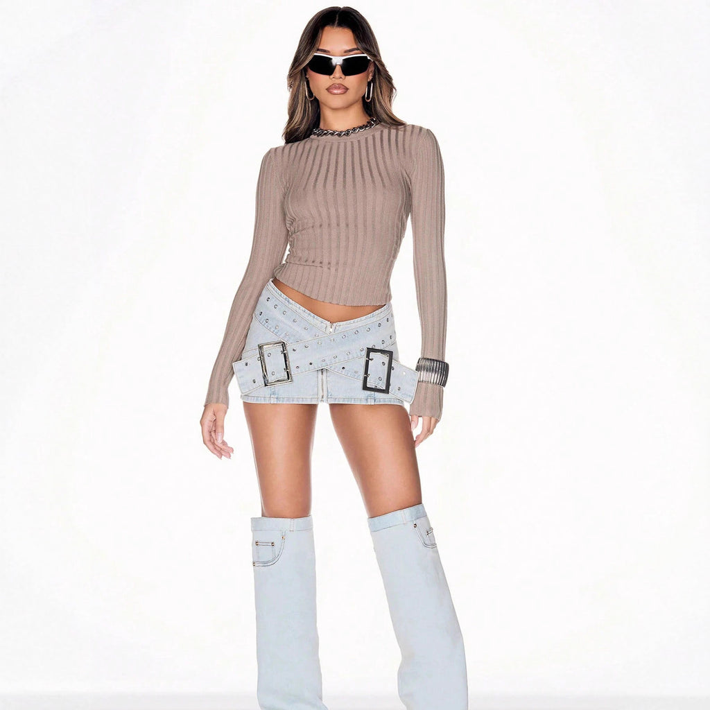 Light Blue Denim Mini Skirt with Cross-Over Buckle Design