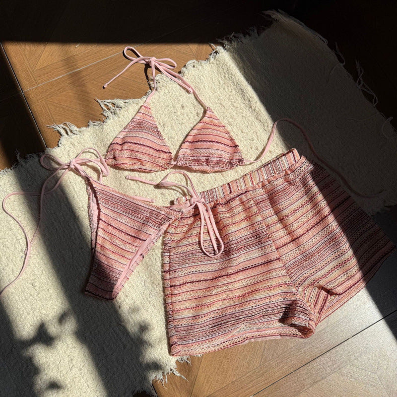 Hanging neck bikini knitted contrasting beach shorts three piece set swimsuit
