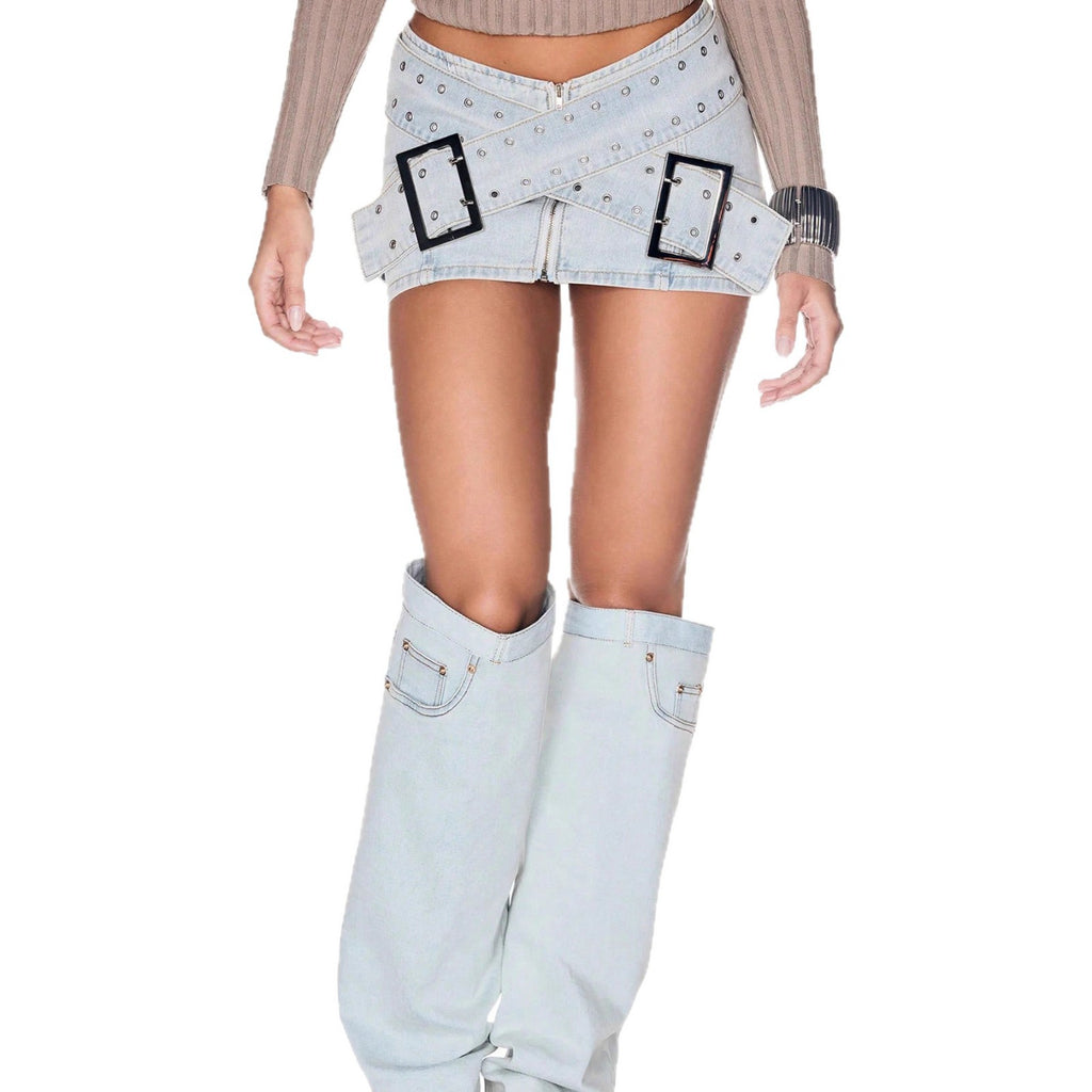 Light Blue Denim Mini Skirt with Cross-Over Buckle Design
