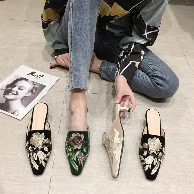 New Slippers Women's Fashion And Elegant Gold Velvet Embroidery Baotou Half Slippers Women's Middle Heel Outer Wear Lazy Slippers
