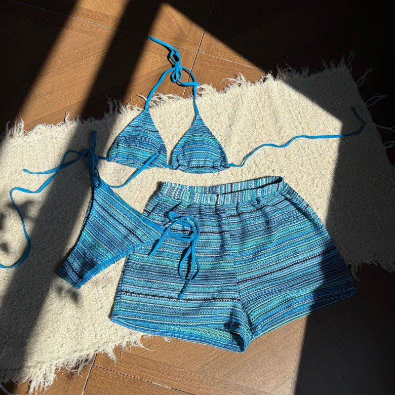 Hanging neck bikini knitted contrasting beach shorts three piece set swimsuit