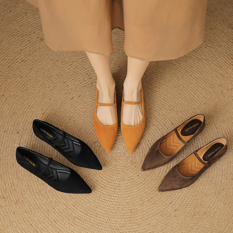 French retro sheepskin low heeled small leather shoes, women's pointed shallow mouth single shoes, plus size grandma shoes, boat shoes
