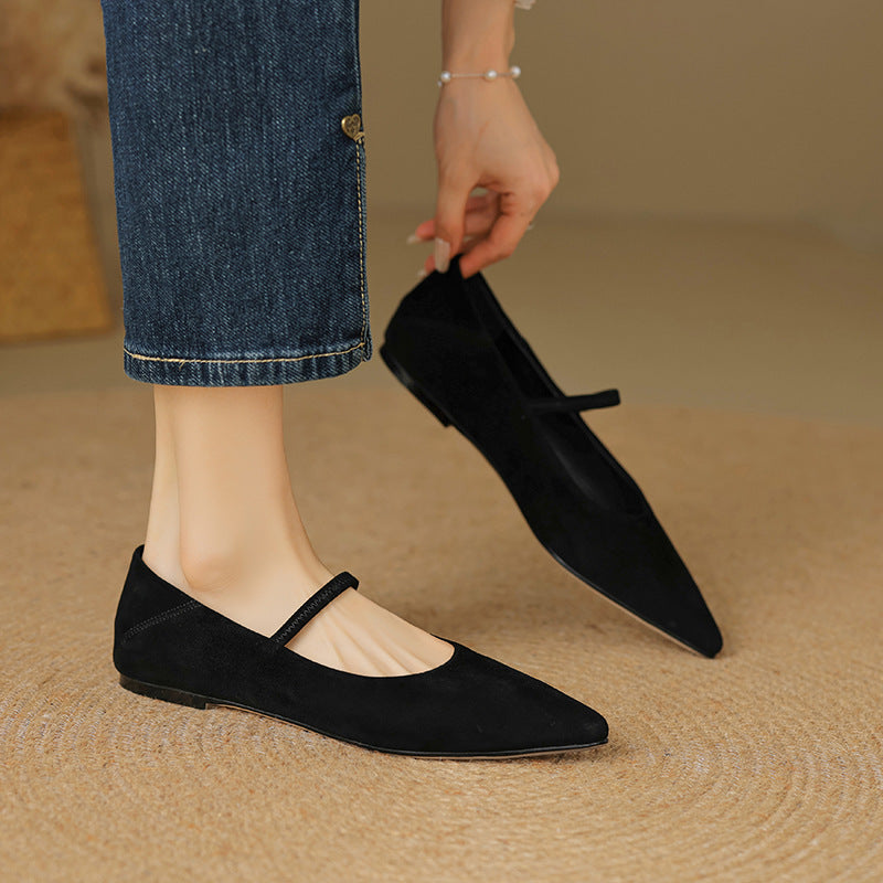 French retro sheepskin low heeled small leather shoes, women's pointed shallow mouth single shoes, plus size grandma shoes, boat shoes