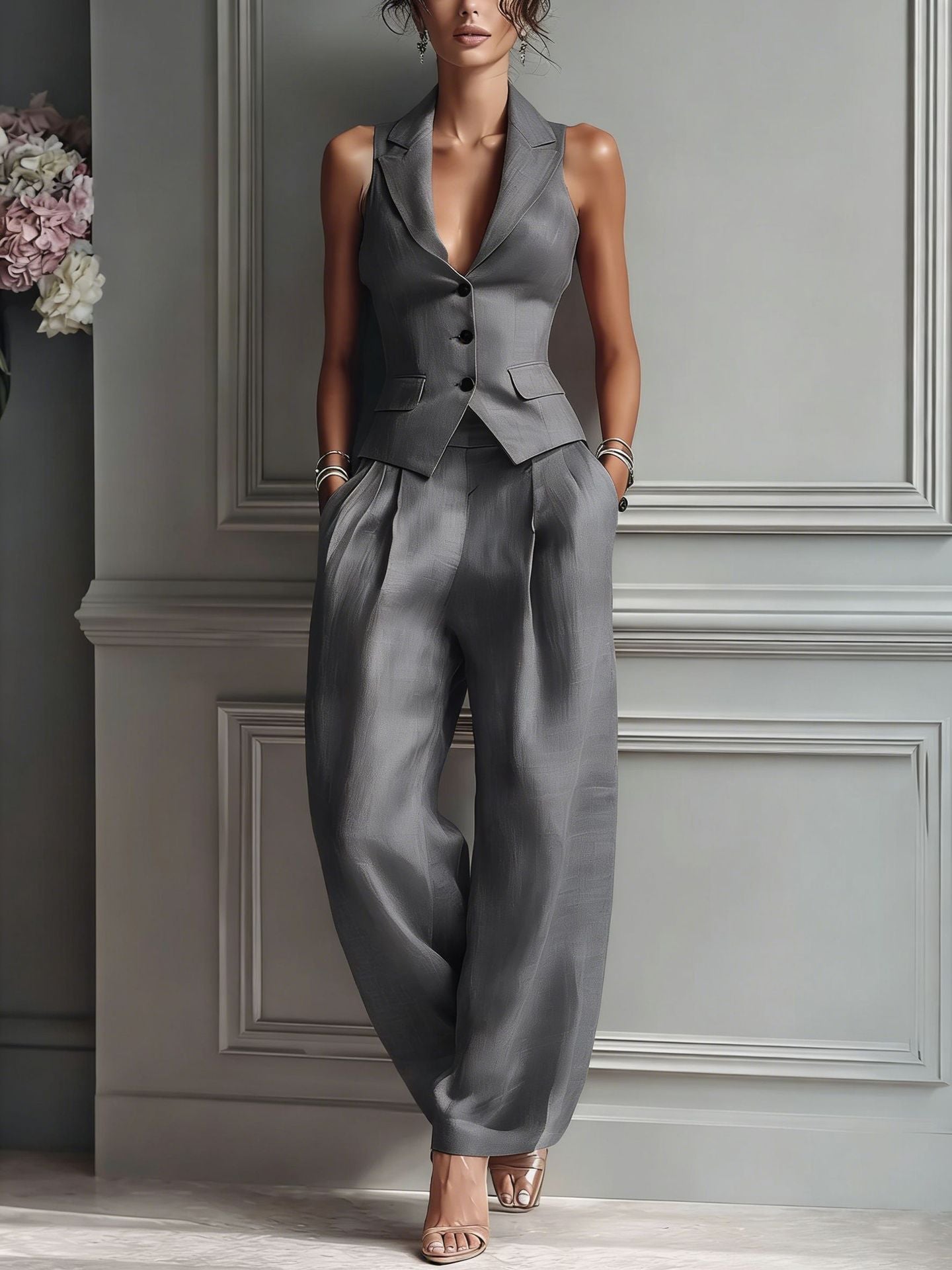 Flip collar single breasted vest long pants two-piece set
