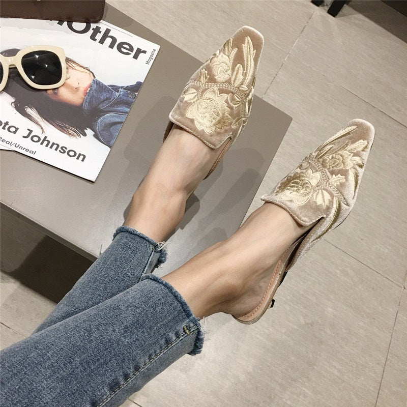 New Slippers Women's Fashion And Elegant Gold Velvet Embroidery Baotou Half Slippers Women's Middle Heel Outer Wear Lazy Slippers
