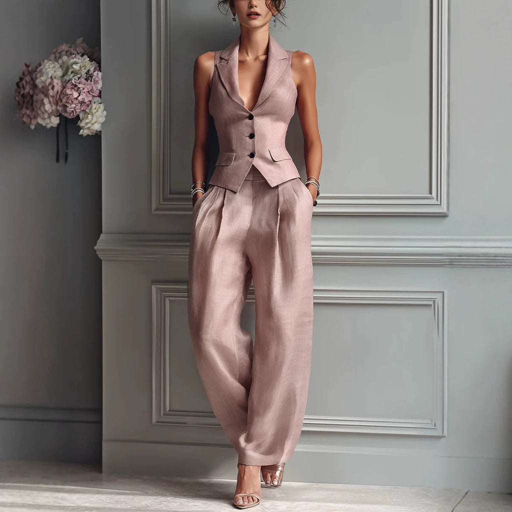 Flip collar single breasted vest long pants two-piece set