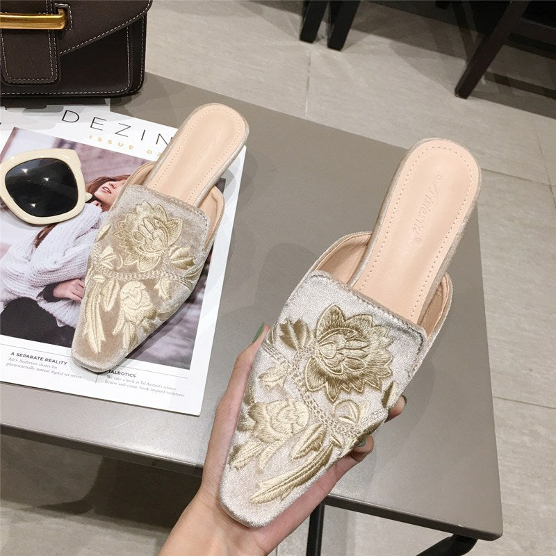 New Slippers Women's Fashion And Elegant Gold Velvet Embroidery Baotou Half Slippers Women's Middle Heel Outer Wear Lazy Slippers