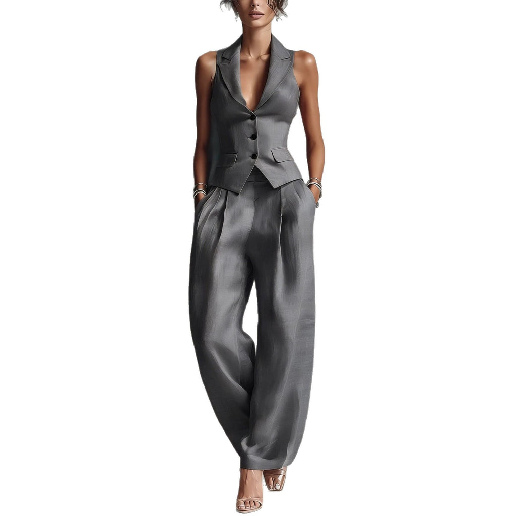 Flip collar single breasted vest long pants two-piece set