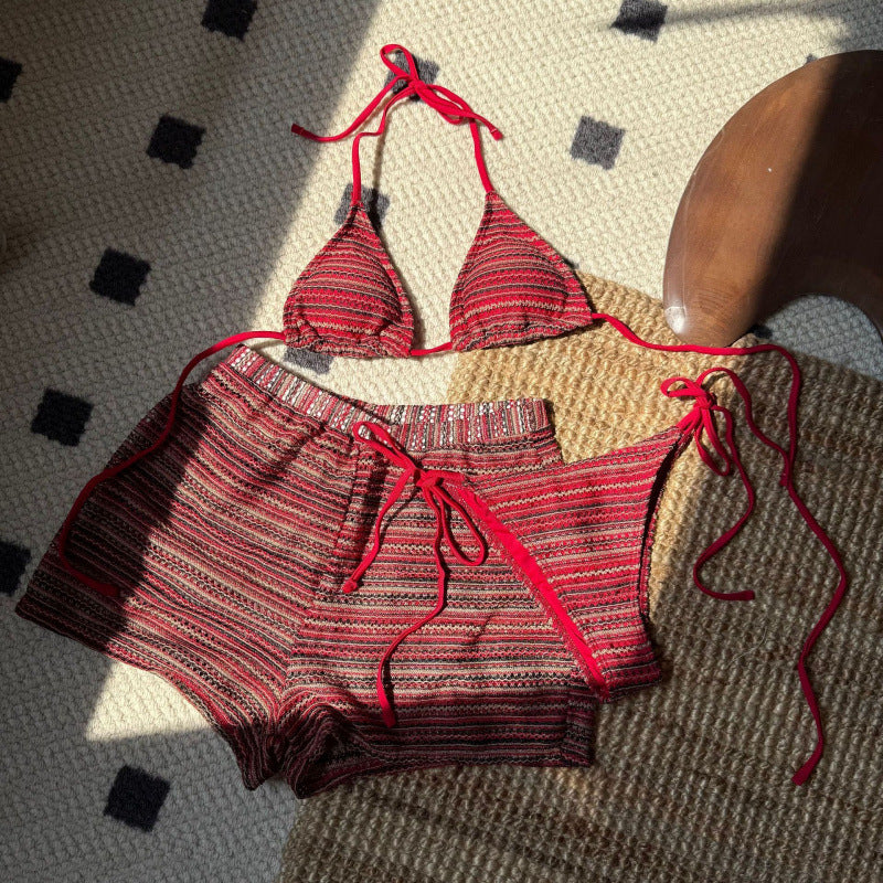 Hanging neck bikini knitted contrasting beach shorts three piece set swimsuit