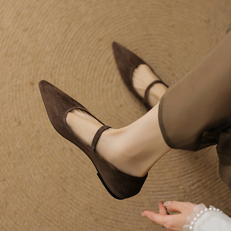 French retro sheepskin low heeled small leather shoes, women's pointed shallow mouth single shoes, plus size grandma shoes, boat shoes