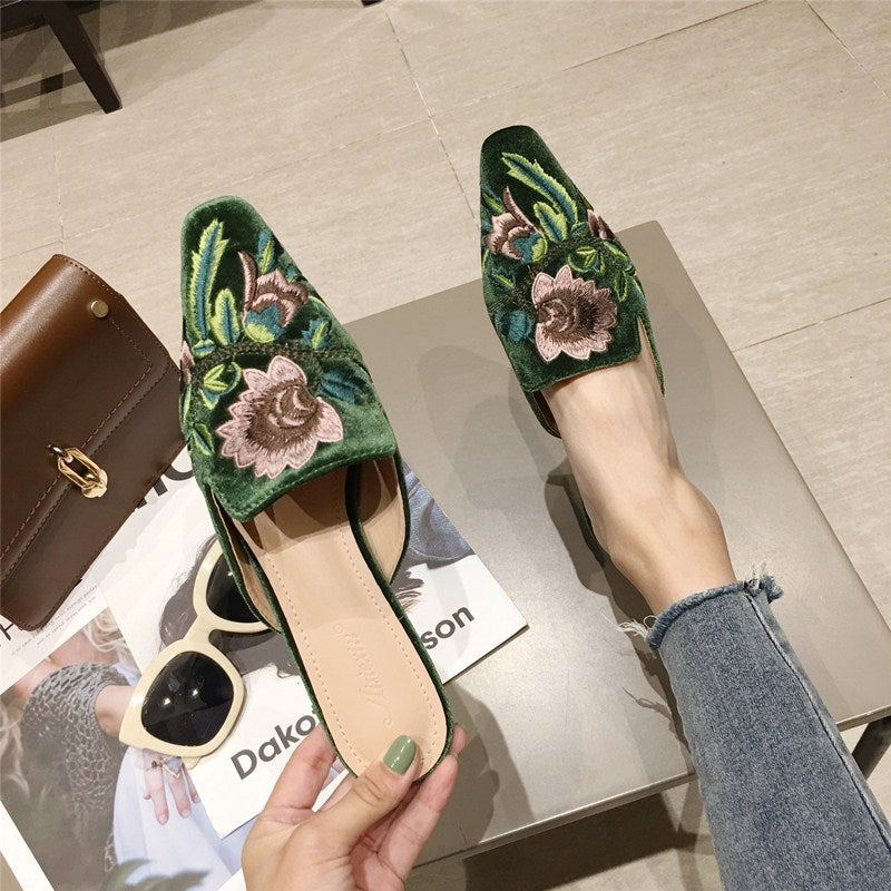 New Slippers Women's Fashion And Elegant Gold Velvet Embroidery Baotou Half Slippers Women's Middle Heel Outer Wear Lazy Slippers