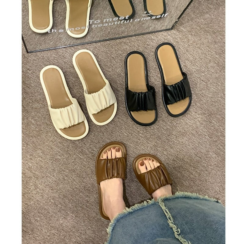 Slippers Women's Summer New Network Red Candy Personalized Pleated Flat Bottom Versatile Outerwear Soft Sole Slippers