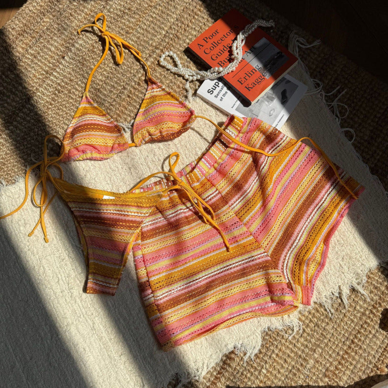 Hanging neck bikini knitted contrasting beach shorts three piece set swimsuit
