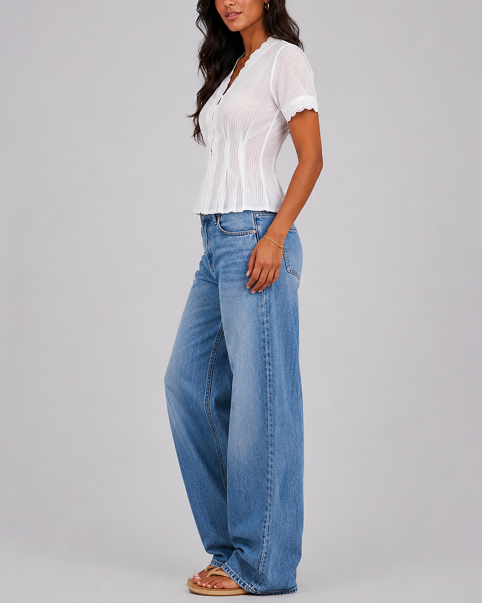 Women's Fashion Lace Seam Pleated Slim Fit Fresh Short Sleeve Shirt